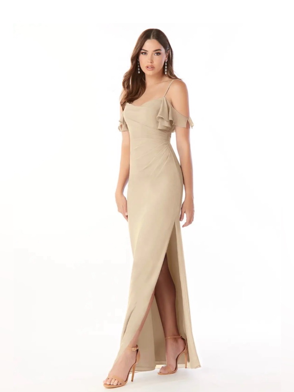 Azazie Emeralda Sheath Off the Shoulder Chiffon Dress in Champagne